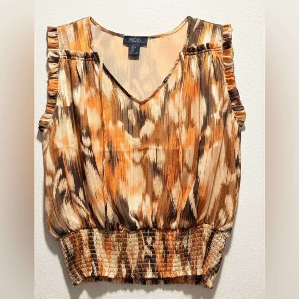 Rachel’s Vibrant Orange and Brown Blouse sleeveless Medium